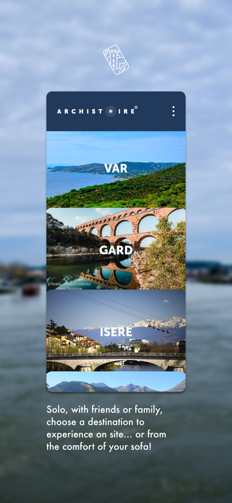 Archistoire - Archistoire app home screen showing cultural travel destinations including Var, Gard, and Isere