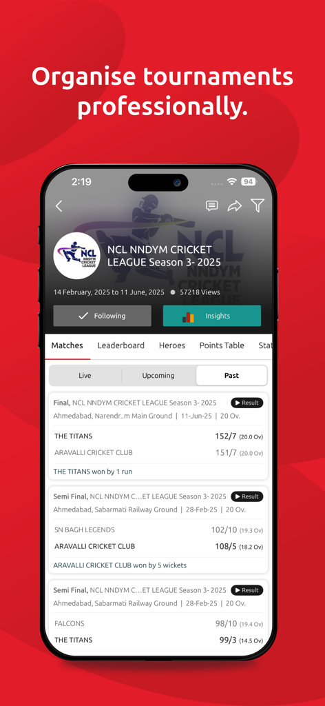 CricHeroes app interface showing professional cricket tournament management and match results