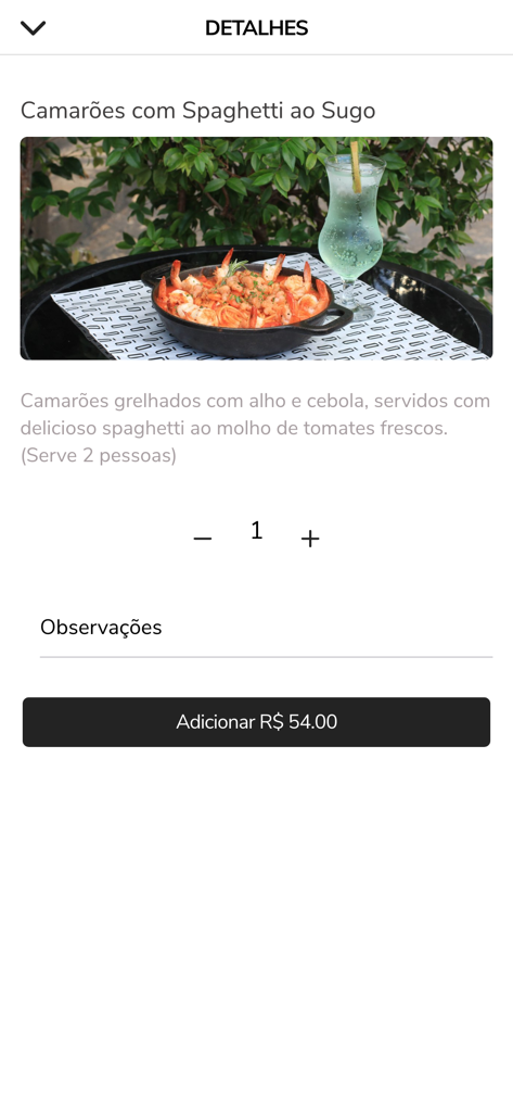 Officina Delivery - Dish details screen for shrimp with spaghetti in the Officina Delivery app showing price and quantity options.