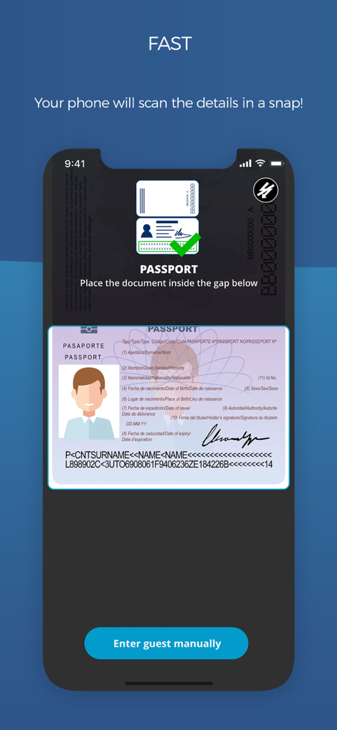 Check-in Scan - Interfaz de la aplicación móvil que muestra un pasaporte siendo escaneado para el registro automático de huéspedes.