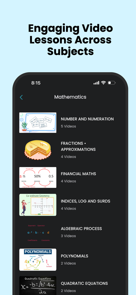 FlashLearners: Study & CBT - FlashLearners app interface showing a list of mathematics video lessons across various topics like algebra and geometry.
