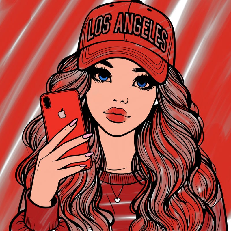 realistic beautiful girl wearing los ángeles cap holding an iphone