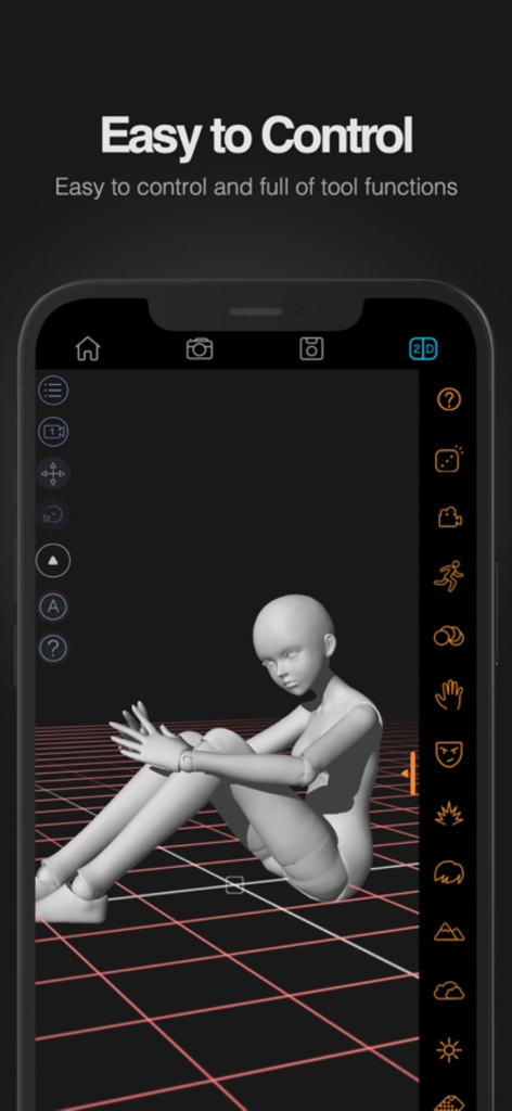 Pofi Create - 3D · Art · Comic - 3D female character model in a sitting pose on a grid in Pofi Create
