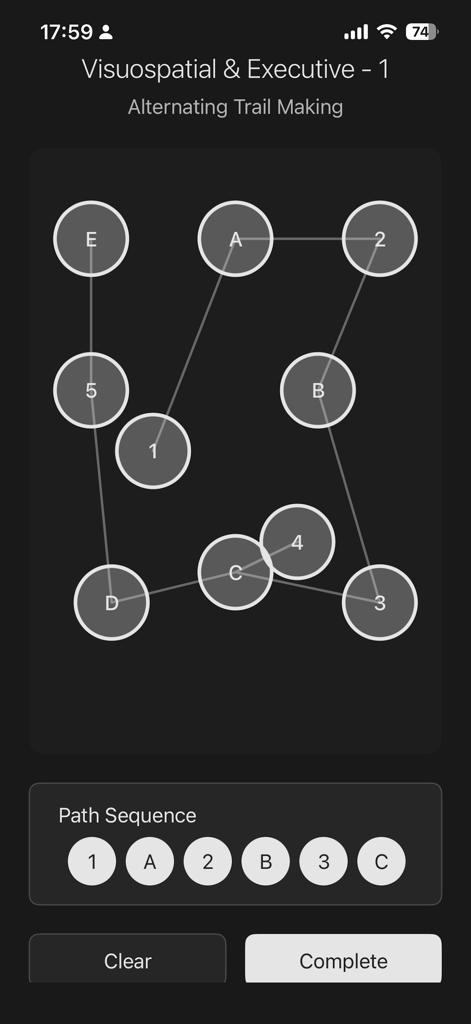 MOCA Assessment - App MOCA Assessment che mostra il compito di screening cognitivo Alternating Trail Making