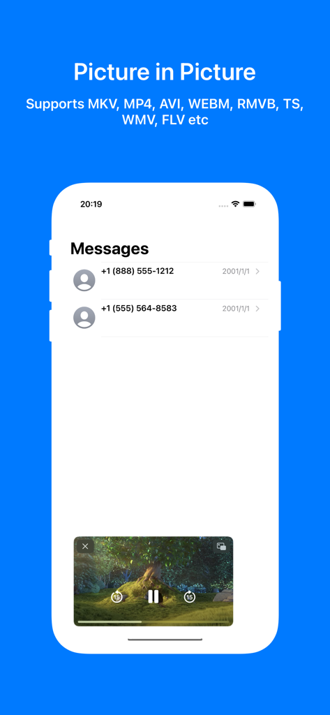 MKV PiP Player showing a video playing in picture in picture mode over the iOS Messages app
