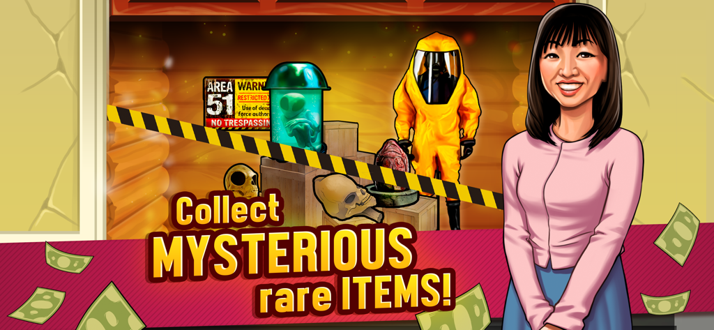 Bid Wars: Storage Auction Game - A character standing next to a collection of mysterious rare items including an alien in a jar and a hazmat suit.