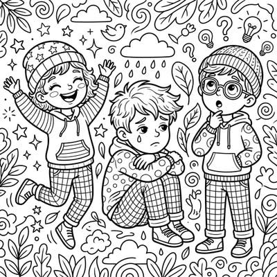 This heartwarming coloring page beautifully illustrates a spectrum of children's emotions, from cheerful joy to quiet sadness and thoughtful wonder. It's a fantastic tool to help young colorists recognize and express different feelings.