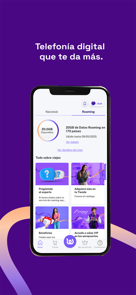 Interface of the somos wim app showing roaming data availability and travel benefits.