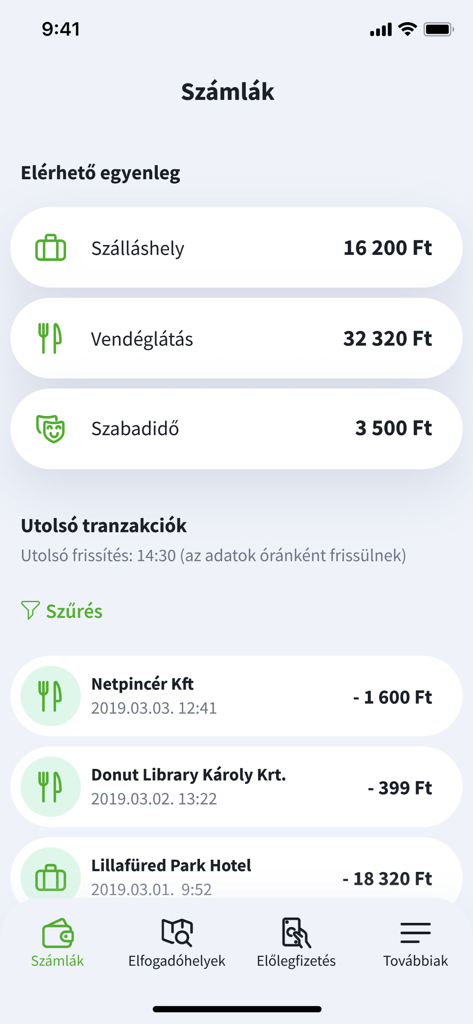 OTP SZÉP kártya - A screenshot of the OTP SZEP kartya mobile app interface displaying account balances for different categories like accommodation and catering alongside a list of recent transactions