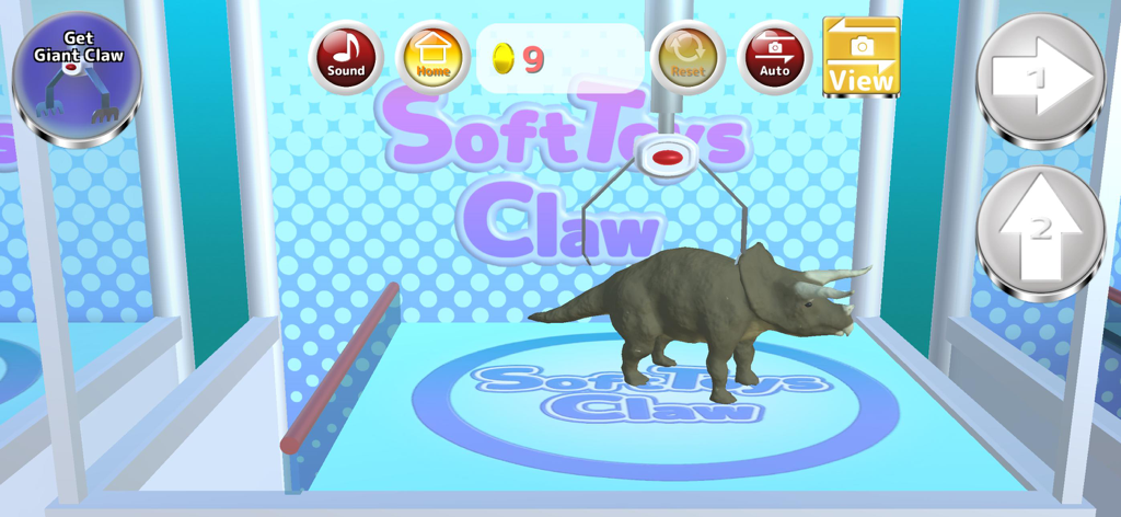 Soft Toys Claw : Claw Machine - Captura de pantalla del juego de una máquina de garra virtual con un peluche de triceratops como premio y controles de arcade