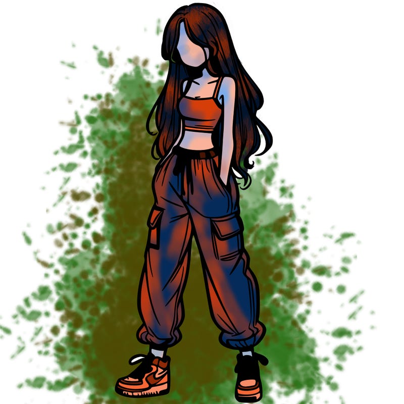 girl in baggy pants crop top and long hair