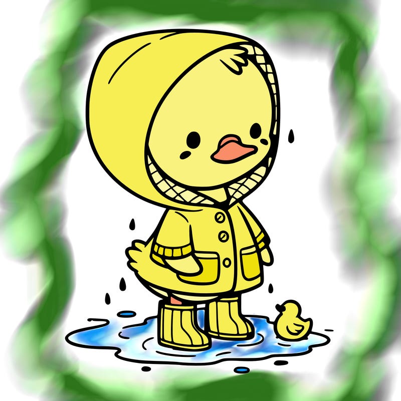 baby duck in a rain coat and boots, in a puddle while it’s raining