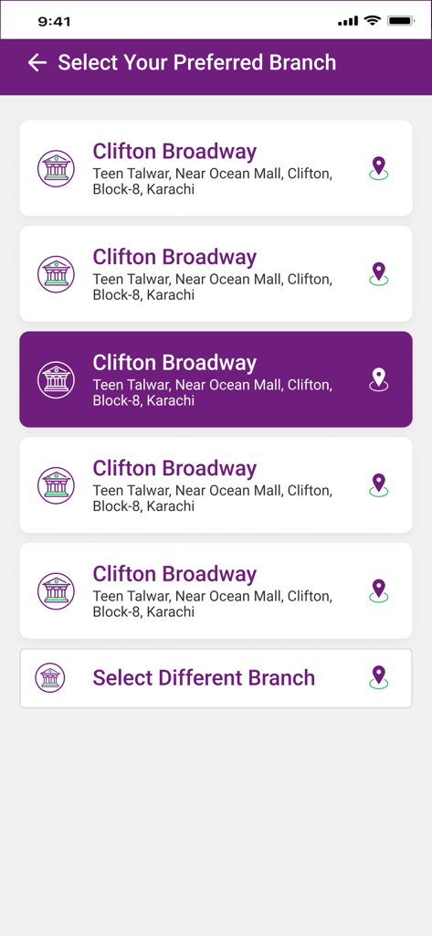 Meezan Digital Account Opening - Schermata che mostra il passaggio di selezione della filiale nell'app Meezan Digital Account Opening