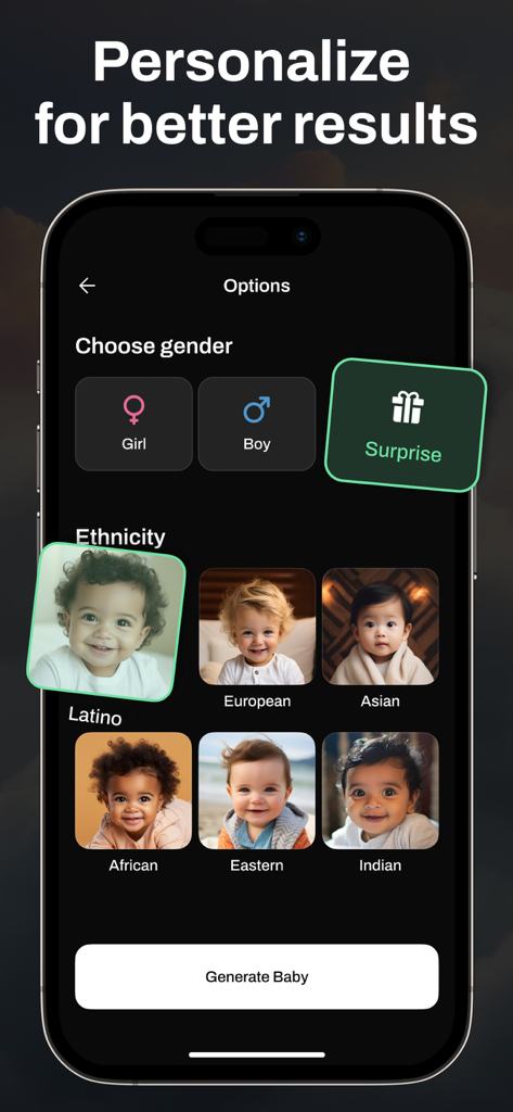 AI baby generator app screen showing customization options for gender and ethnicity