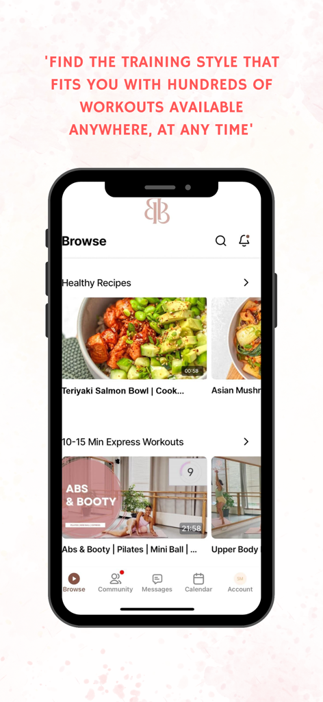 Body By Barre Studio - Browse screen of the Body By Barre Studio app featuring healthy recipes like a salmon bowl and short express pilates workouts