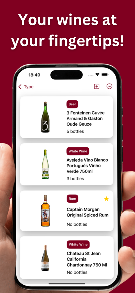 Smartphone screen displaying a catalog of wines and spirits with inventory details in the Wine and Cellar Tracker app