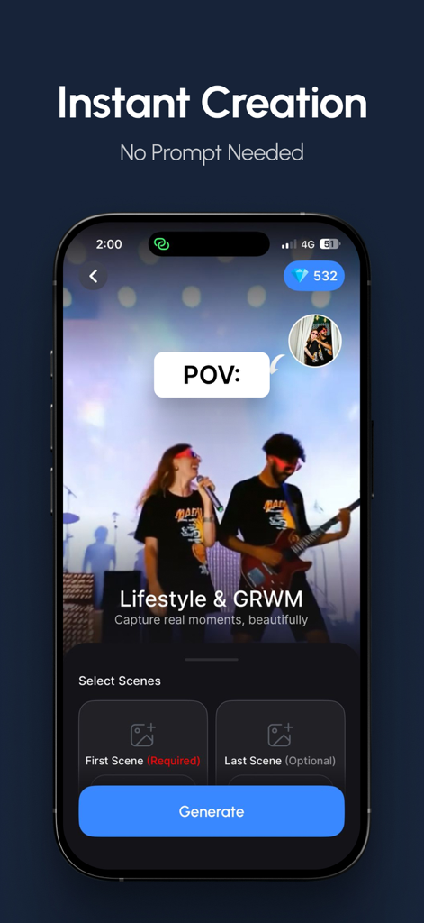 BeGen AI Video Generator app interface showing instant creation for lifestyle and GRWM content without prompts