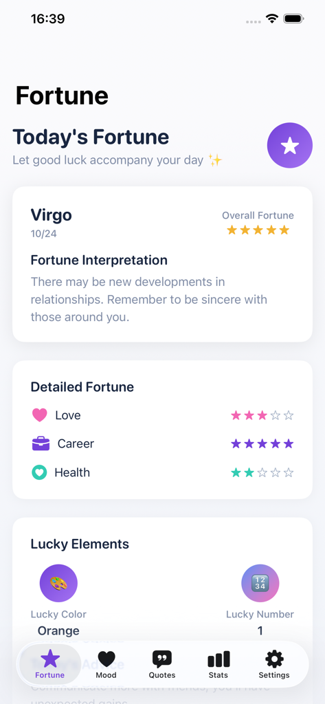 Interface de l'application MoodCharm montrant un horoscope quotidien pour la Vierge avec des notes en étoiles pour l'amour, la carrière et la santé, ainsi que la couleur et le numéro porte-bonheur.