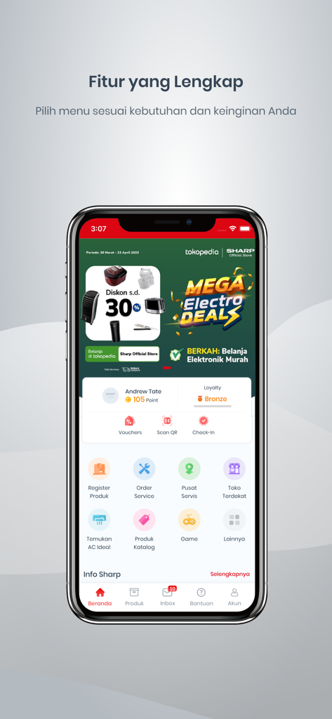 SHARP ID - SHARP ID mobile app home screen showcasing services like product registration and order service
