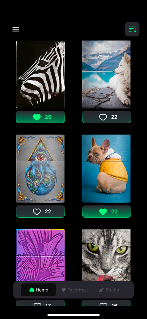 Uma visualização em galeria de vários designs de isqueiros personalizados, incluindo animais e desenhos artísticos no aplicativo Lighter Simulator