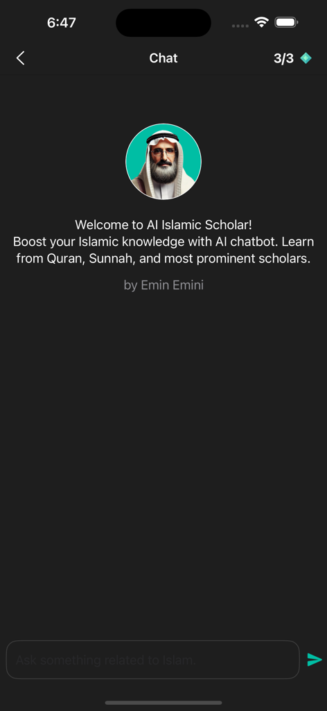 Alim - AI Islamic Scholar - The chat interface of Alim AI Islamic Scholar app featuring a welcome message and a question input field.