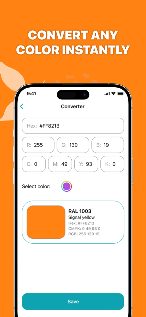 Color Identifier - Paint match - 모바일 앱 화면에 선택한 주황색에 대한 HEX RGB 및 CMYK 값이 표시된 색상 변환기 인터페이스가 표시됩니다.