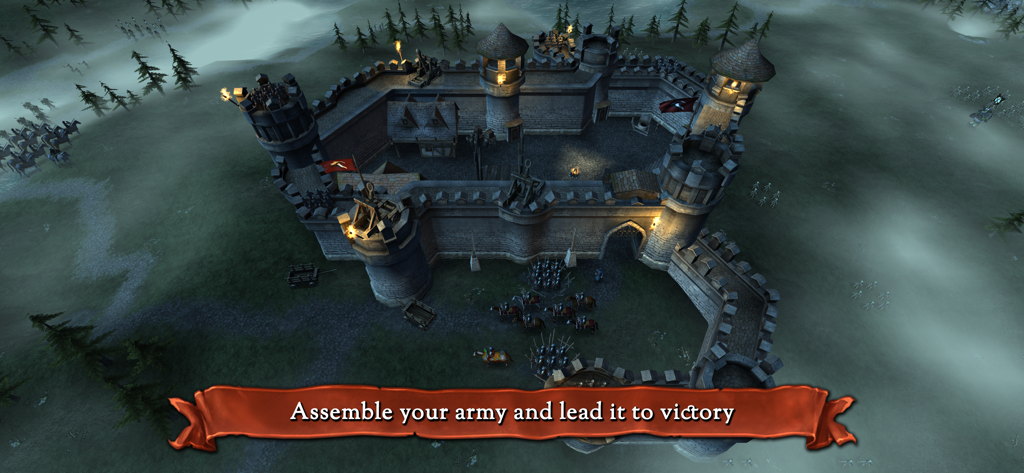 A medieval stone castle with knights and army units in Hex Commander Fantasy Heroes.