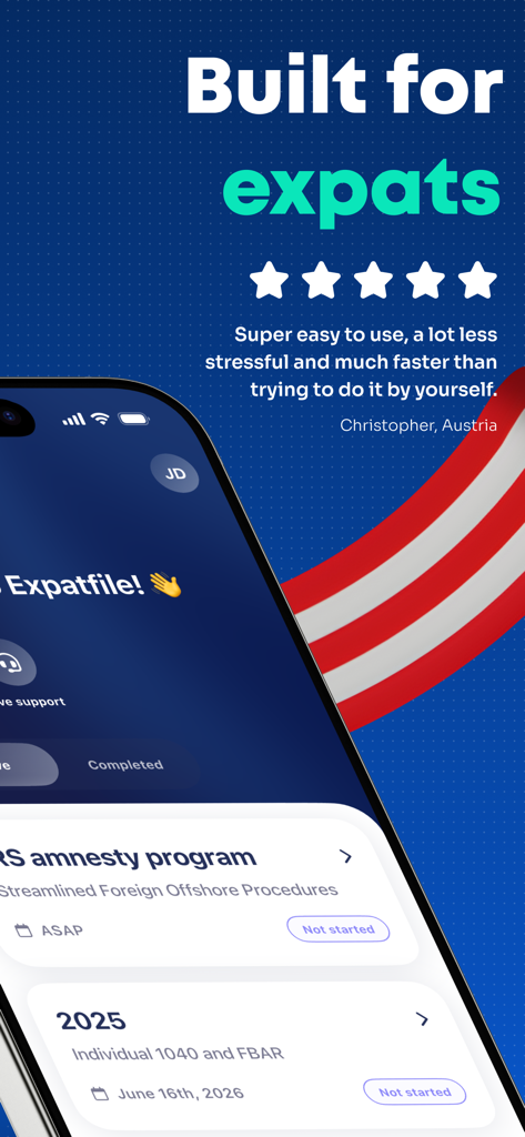 Expatfile - US Expat Taxes - Expatfile mobile app interface showing a five star review and options for filing US expat taxes and FBAR
