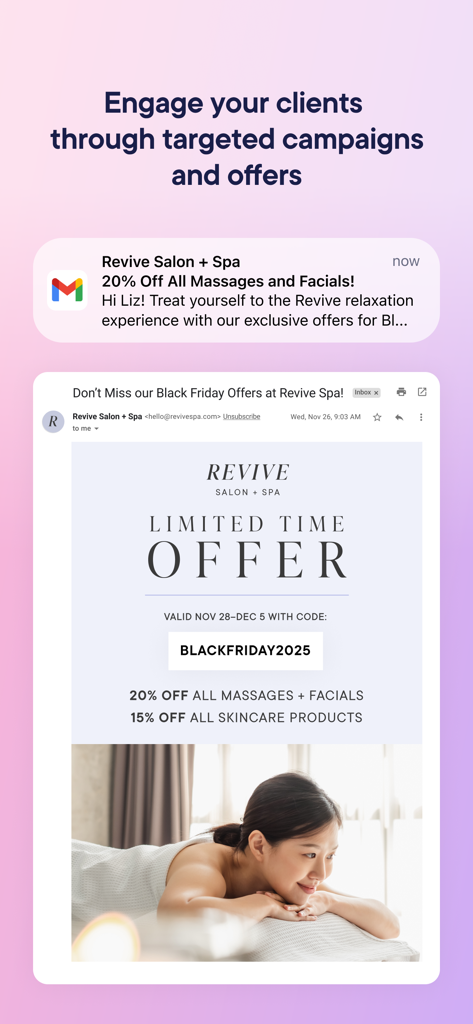 A mockup of a salon marketing email and mobile notification showing a 20 percent off offer for massages and facials.