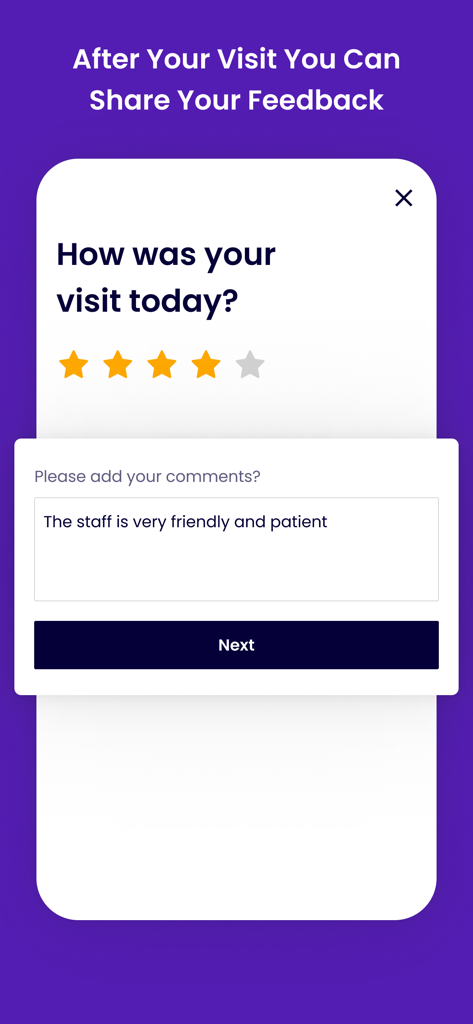 Belliata app screen showing a customer feedback form with a four star rating and a comment about friendly staff