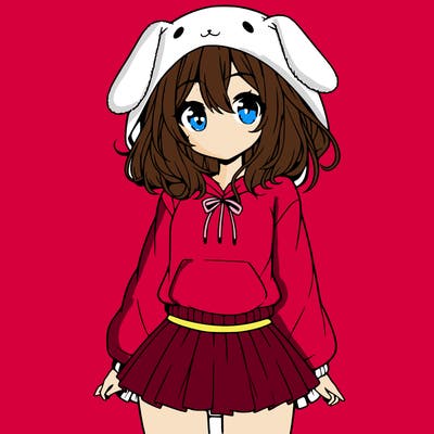 pretty anime girl wearing a fluffy hoodie with bunny ears on the hood and a skirt