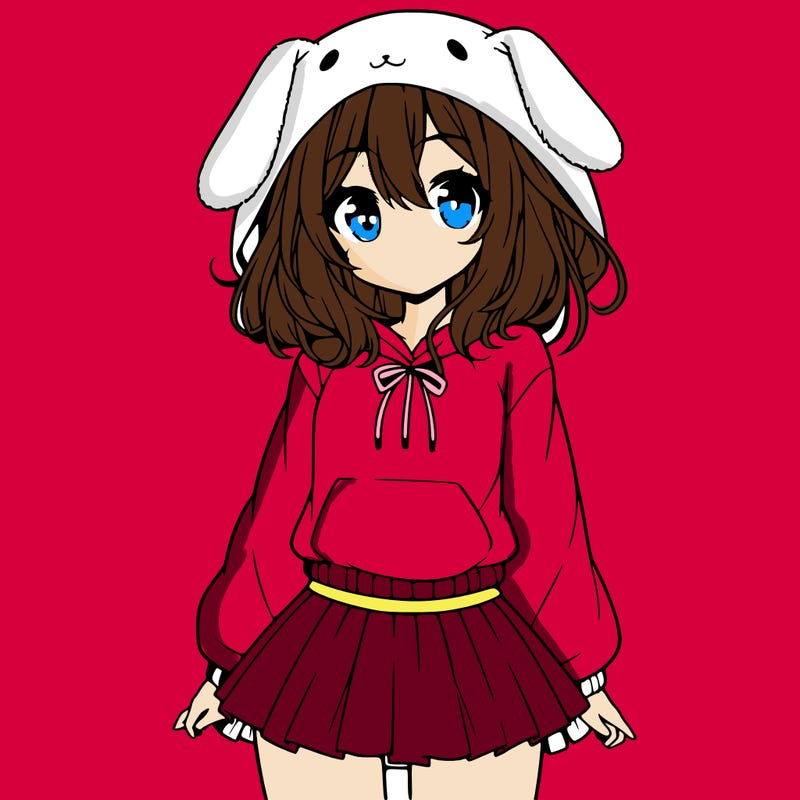 pretty anime girl wearing a fluffy hoodie with bunny ears on the hood and a skirt