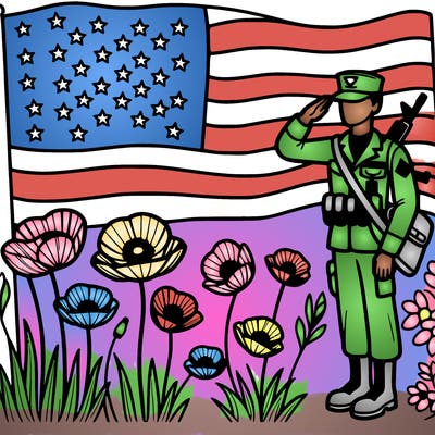 create a coloring page that celebrates veterans day and includes a soldier, poppies, an american flag, and stars.