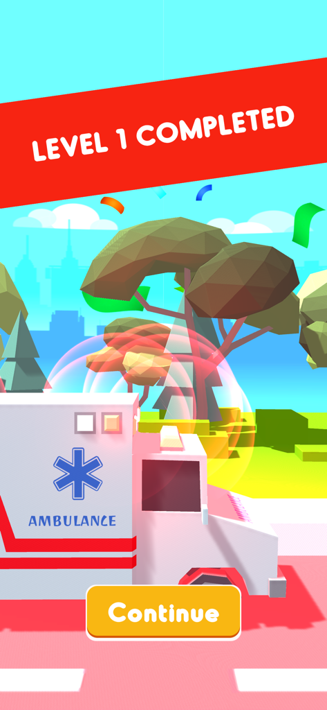 911 Emergency Dispatcher のレベル完了画面。ローポリの救急車と紙吹雪が特徴。