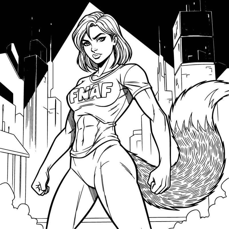 a girl with a shirt that says fnaf with a a fluffy tail