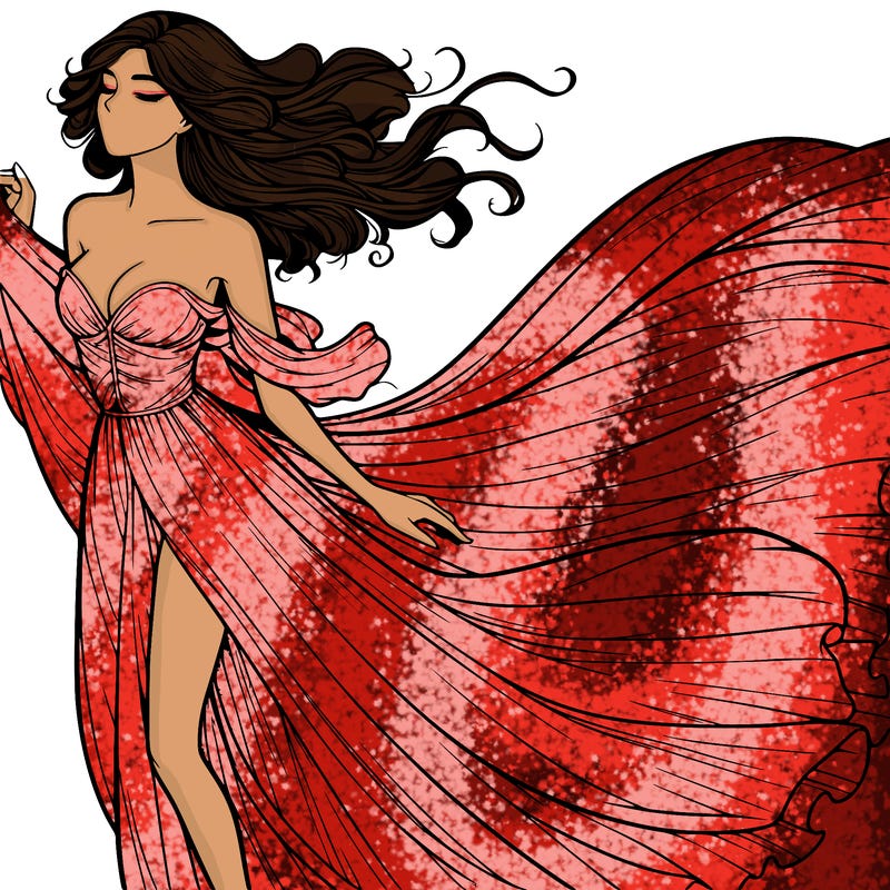 realistic woman in dress flowing the the wind