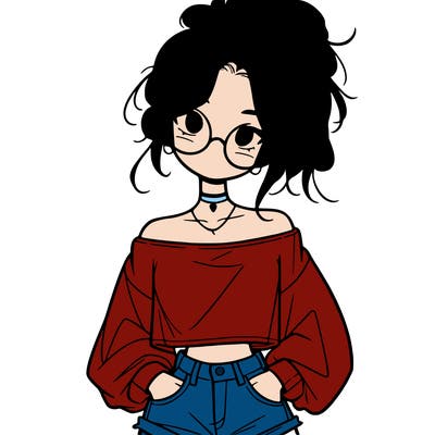 girl with a messy ponytail glasses a baggy crop top and jean shorts