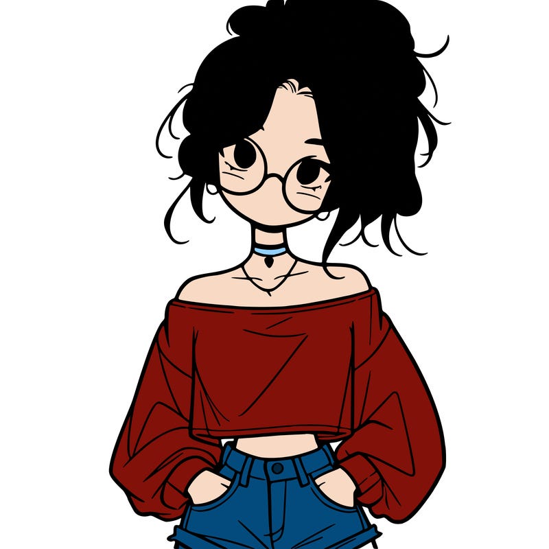 girl with a messy ponytail glasses a baggy crop top and jean shorts