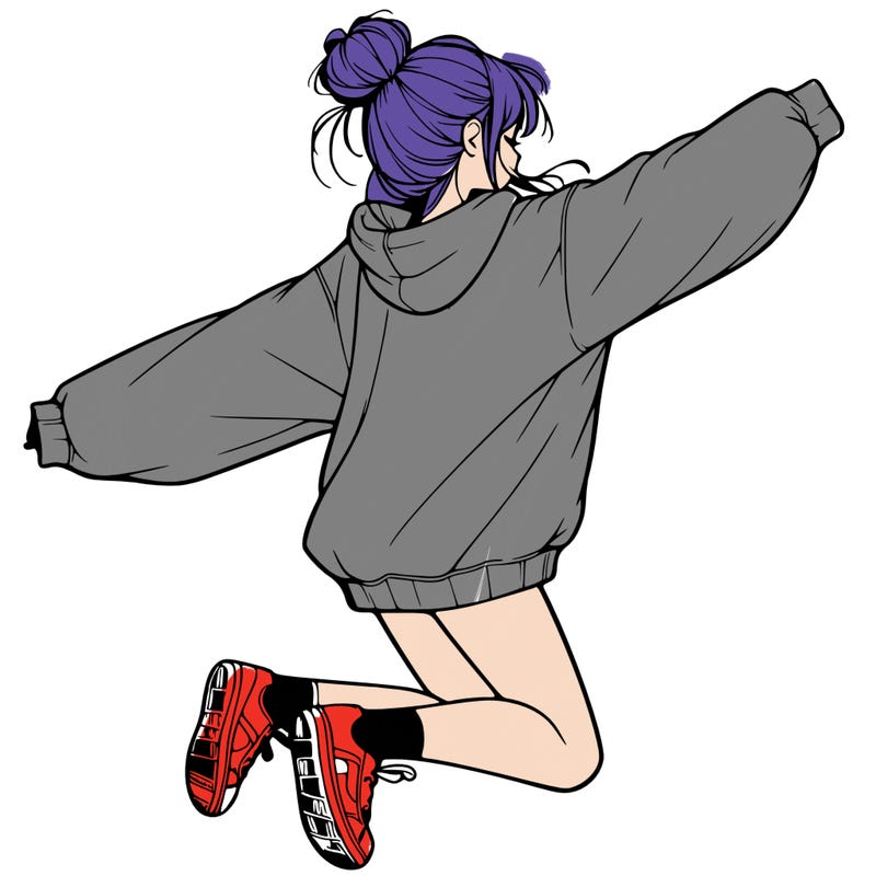 realistic girl jumping with a bun and oversized sweatshirt