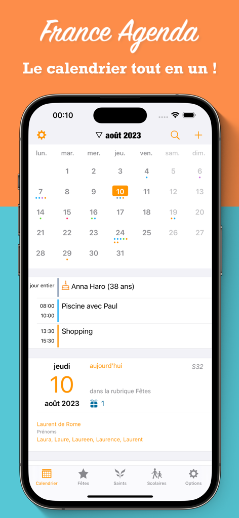 France Agenda - France Agenda app showing a monthly calendar view with scheduled events and daily saints
