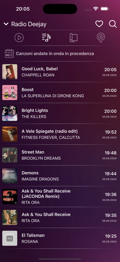 Elenco dei brani precedentemente riprodotti su Radio Deejay all'interno dell'applicazione mobile My Radio Online Italia