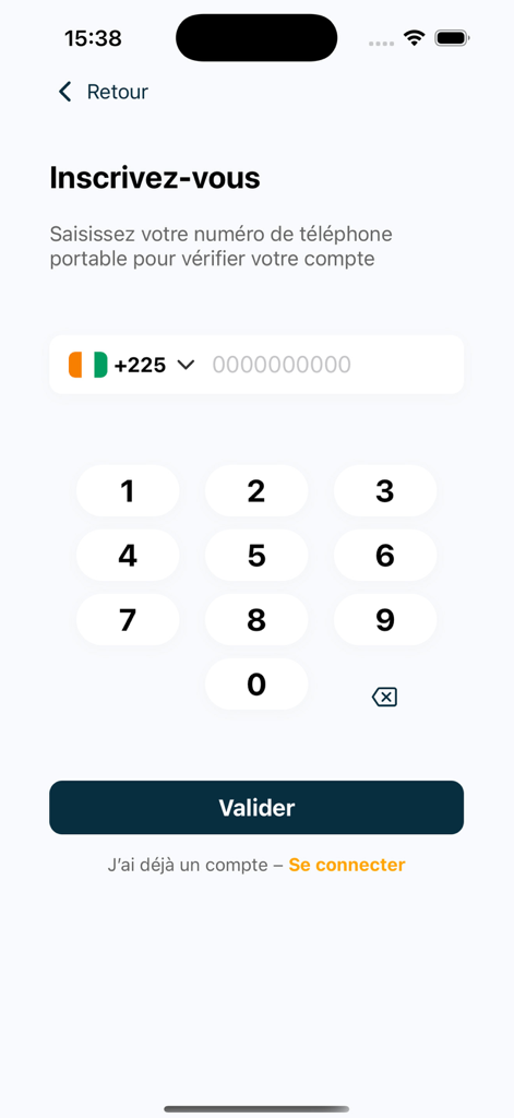 Fineo Pay - Fineo Pay app registration screen for entering a mobile phone number for account verification