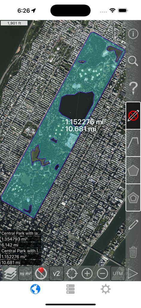 Distance and Area Measure - Satellite view of Central Park showing area measurement with interior polygons excluded