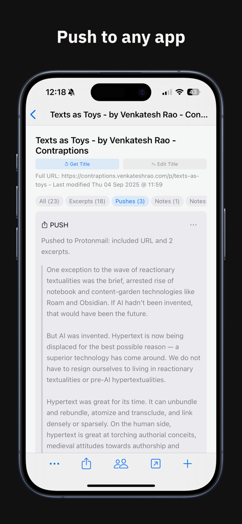 Interfaz de la aplicación móvil Subset Network que muestra la función 'push to any app' para compartir contenido web curado.