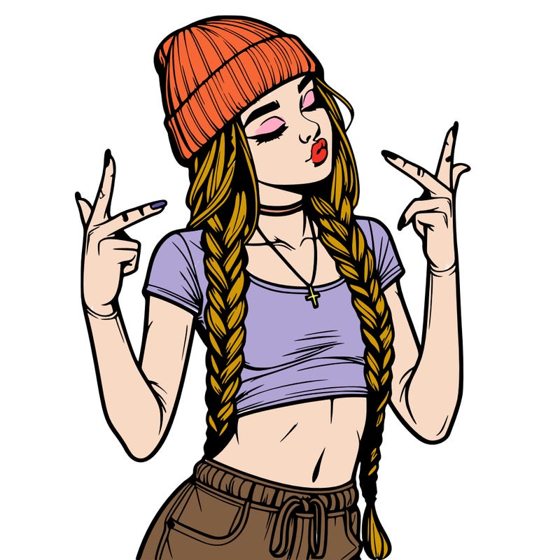 realistic teenage girl with braids and a beanie and crop top doing 🫶🏼