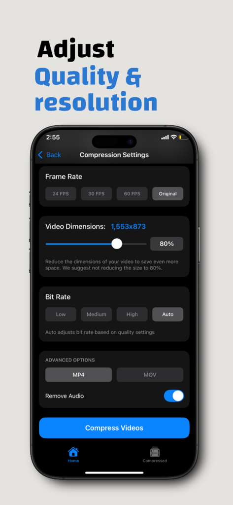 Compress videos - Size Reduce - Interface for adjusting video compression settings like frame rate and resolution