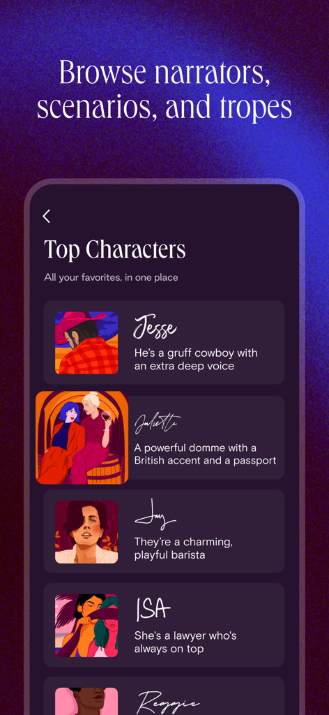 Dipsea app interface showing a list of top characters and romantic tropes for audio stories.