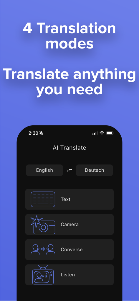 Translate AI - Live Translator - Interface do aplicativo Translate AI exibindo quatro opções de tradução: Texto, Câmera, Conversar e Ouvir.