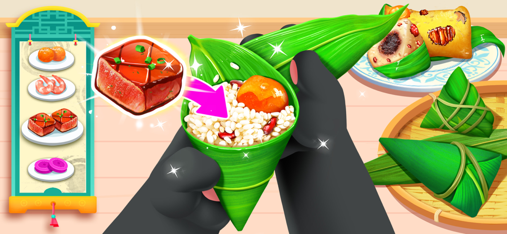 Little Panda Chinese Food - Un personaggio panda che prepara tradizionali gnocchi di riso cinesi aggiungendo carne al riso appiccicoso dentro foglie di bambù