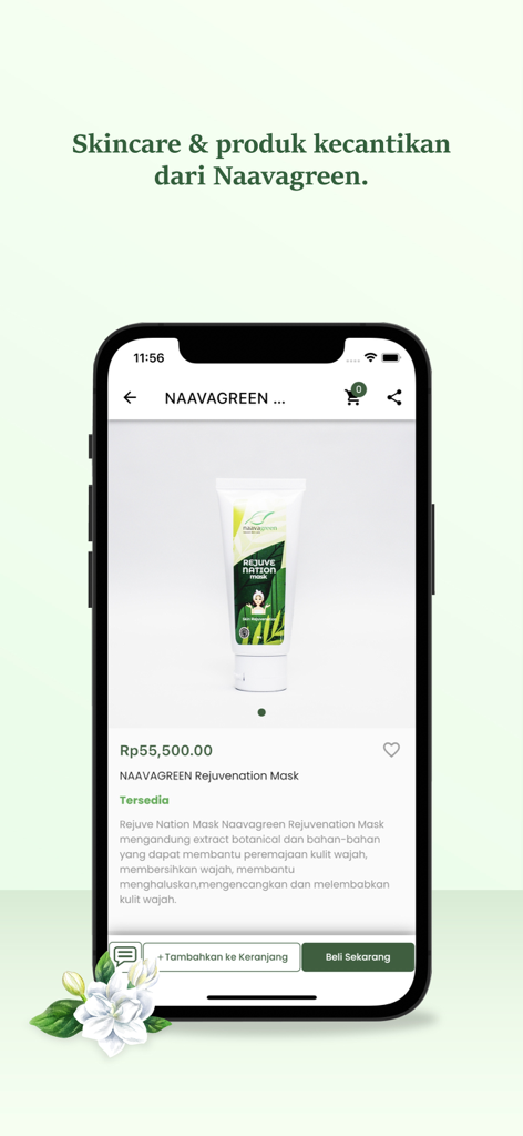 Naavagreen Natural Skincare - Mobile app screen of Naavagreen Natural Skincare showing the Rejuvenation Mask product details and shopping buttons